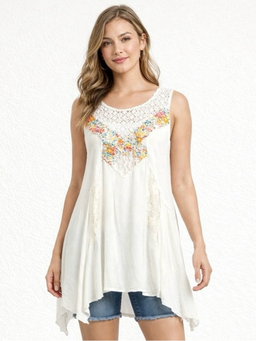 Free People Asymmetrical Lacey Crochet Knit Floral Tunic Top Swing Dress, Large
